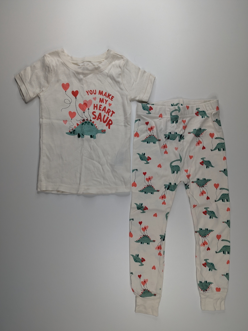 Old Navy Cream Pajama Set with Teal Dinosaur and Red Hearts